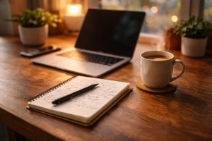 Warm desk setup with laptop, notebook, and coffee, setting the tone for how to make your first affiliate sale.