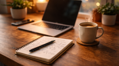 Warm desk setup with laptop, notebook, and coffee, setting the tone for how to make your first affiliate sale.