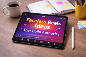 Tablet showing Instagram Reels creation with &ldquo;Faceless Reels Ideas That Build Authority&rdquo; on screen, surrounded by digital creator tools