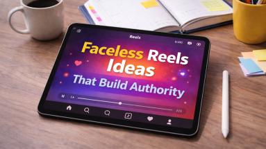 Tablet showing Instagram Reels creation with “Faceless Reels Ideas That Build Authority” on screen, surrounded by digital creator tools