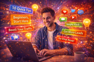 Person brainstorming headline ideas at a laptop with creative icons floating around