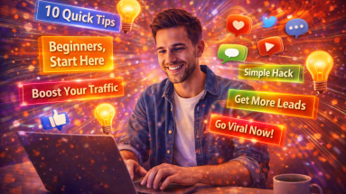 Person brainstorming headline ideas at a laptop with creative icons floating around