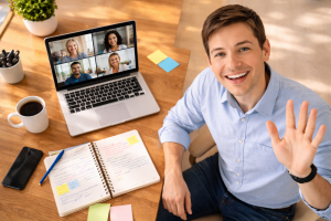 Person smiling at laptop during virtual meeting, building trust online with cold audience.