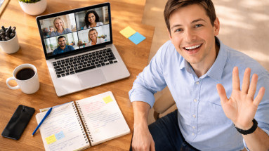 Person smiling at laptop during virtual meeting, building trust online with cold audience.