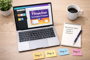 Top-down view of a desk with a laptop, coffee mug, and planning notes showing steps to create a digital product.