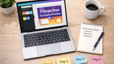 Top-down view of a desk with a laptop, coffee mug, and planning notes showing steps to create a digital product.