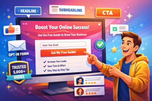 Illustration of a person pointing at a landing page on a computer screen showing key elements like headline, CTA, and form.