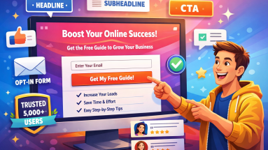 Illustration of a person pointing at a landing page on a computer screen showing key elements like headline, CTA, and form.