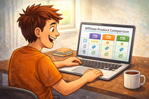 Beginner affiliate marketer comparing products on laptop with a smile.