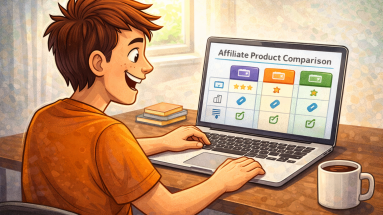 Beginner affiliate marketer comparing products on laptop with a smile.