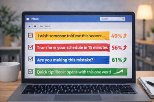 Laptop showing successful email subject lines with rising open rates and a bright workspace in the background.
