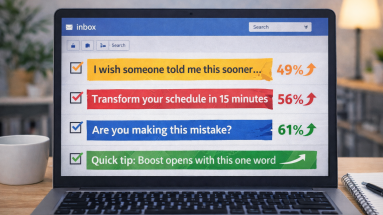 Laptop showing successful email subject lines with rising open rates and a bright workspace in the background.