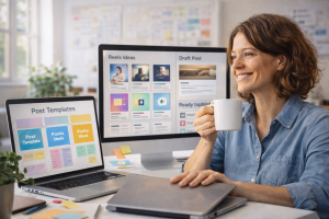 Content creator working efficiently at desk using tools to create content faster