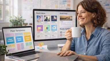 Content creator working efficiently at desk using tools to create content faster