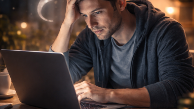 Beginner overwhelmed by internet marketing myths while working at a laptop.