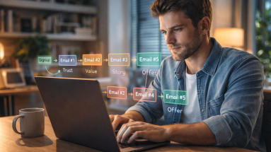 Digital marketer building an email nurture sequence strategy on laptop in modern home office.