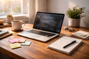 ahead210226 Warm, sunlit desk with laptop, notebook, sticky notes, and coffee, suggesting planning and content creation.