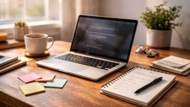 Warm, sunlit desk with laptop, notebook, sticky notes, and coffee, suggesting planning and content creation.
