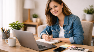 Beginner creator at a desk planning content to build credibility online.