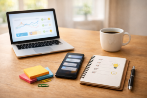 ahead240226 Modern desk with laptop charts, checklist notebook, and phone notifications representing types of social proof.