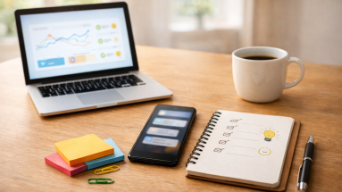 Modern desk with laptop charts, checklist notebook, and phone notifications representing types of social proof.