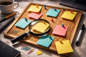 ahead250226 Hero image showing a desk with sticky notes and a magnifying glass, representing ideal customer profile questions and audience clarity.