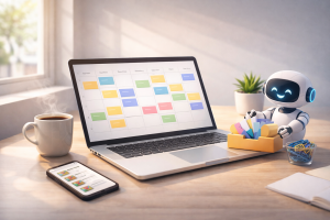 ahead270226 Home office desk with laptop calendar and phone showing scheduled posts, suggesting beginner marketing automation.