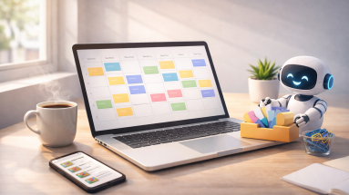 Home office desk with laptop calendar and phone showing scheduled posts, suggesting beginner marketing automation.