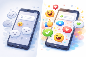 Phone screen showing a quiet audience transforming into lively engagement with reactions and chat bubbles.