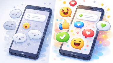 Phone screen showing a quiet audience transforming into lively engagement with reactions and chat bubbles.