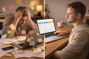 Before and after view of a beginner creator going from messy planning to an organized content workflow
