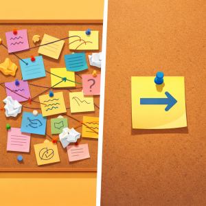 Split image showing scattered ideas on one side and a single focused message on the other.
