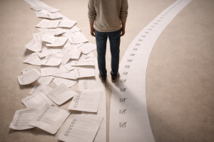 Visual metaphor for feeling behind and choosing a simpler path to regain marketing momentum.

