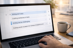 A writer revising the opening line of a content draft on a laptop
