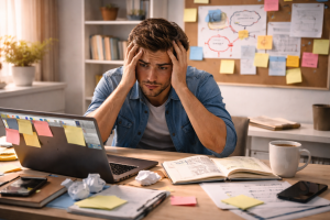 A confused business owner staring at a cluttered sales plan and messy notes while trying to improve an irresistible offer.
