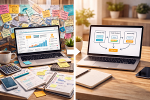 Comparison between a complicated funnel setup and a simple beginner-friendly funnel
