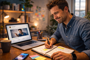 Content creator reviewing an old post and learning from mistakes to create better trust-building content.