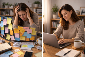 Side-by-side comparison of chaotic content creation versus a calm and simple content routine


