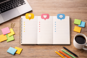 1200326 Organized desk setup showing a simple three-part content planning system.