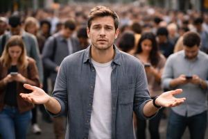 Person trying to speak to a crowd that appears distracted and disconnected