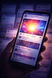 1220326 One social media post standing out on a smartphone screen among several blurred posts.