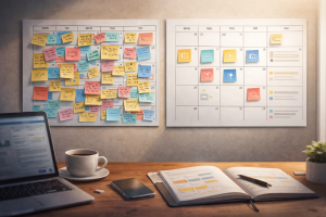 Side-by-side content calendars showing rushed daily posting versus a simple high-quality posting plan.
