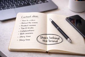 Notebook with one clear content message highlighted beside a laptop and phone
