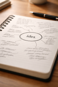 Notebook showing one clear focused idea surrounded by scattered notes
