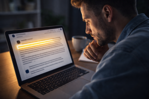 Writer reviewing the opening hook of a post before publishing content online
