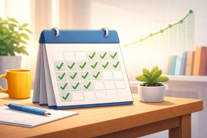 Calendar with consistent checkmarks and a gentle upward progress graph.
