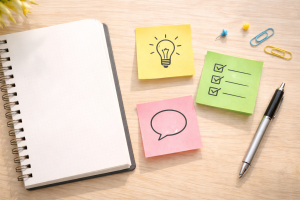  Sticky notes and a notebook representing quick daily content ideas.
