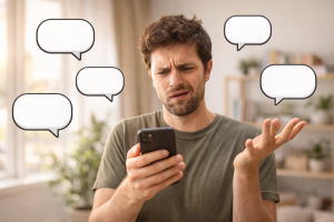 2080326 A person looking confused at a phone with blank speech bubbles floating around.