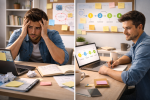 A simple visual comparison showing the transformation from confusion to clarity in an irresistible offer.
