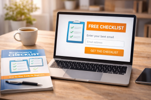 Laptop showing a lead magnet signup page for a beginner sales funnel
